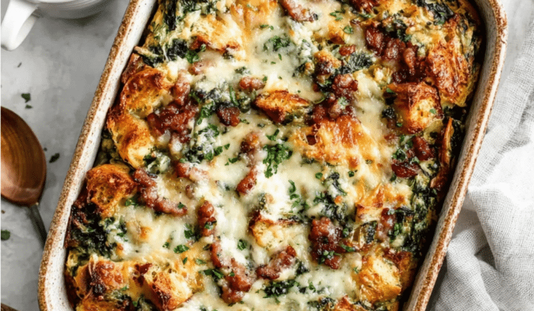 Breakfast Strata Recipe freshly baked with golden cheese and herbs