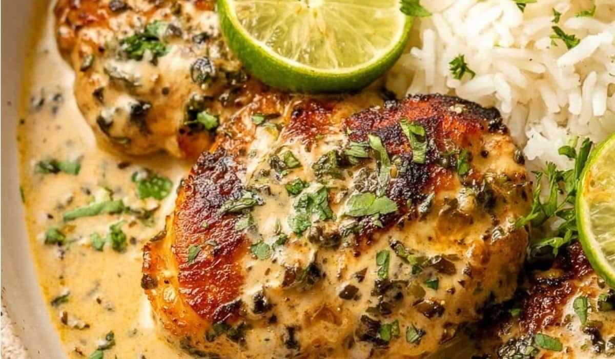 Creamy Cilantro Lime Chicken in a skillet with fresh lime and herbs