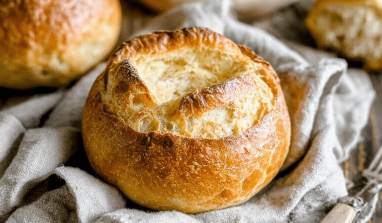 Homemade Bread Bowls fresh from oven on rustic table