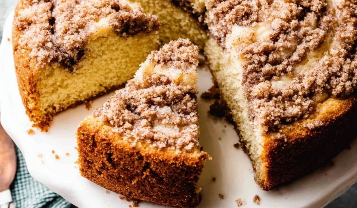 Sour Cream Coffee Cake with cinnamon swirl on rustic table