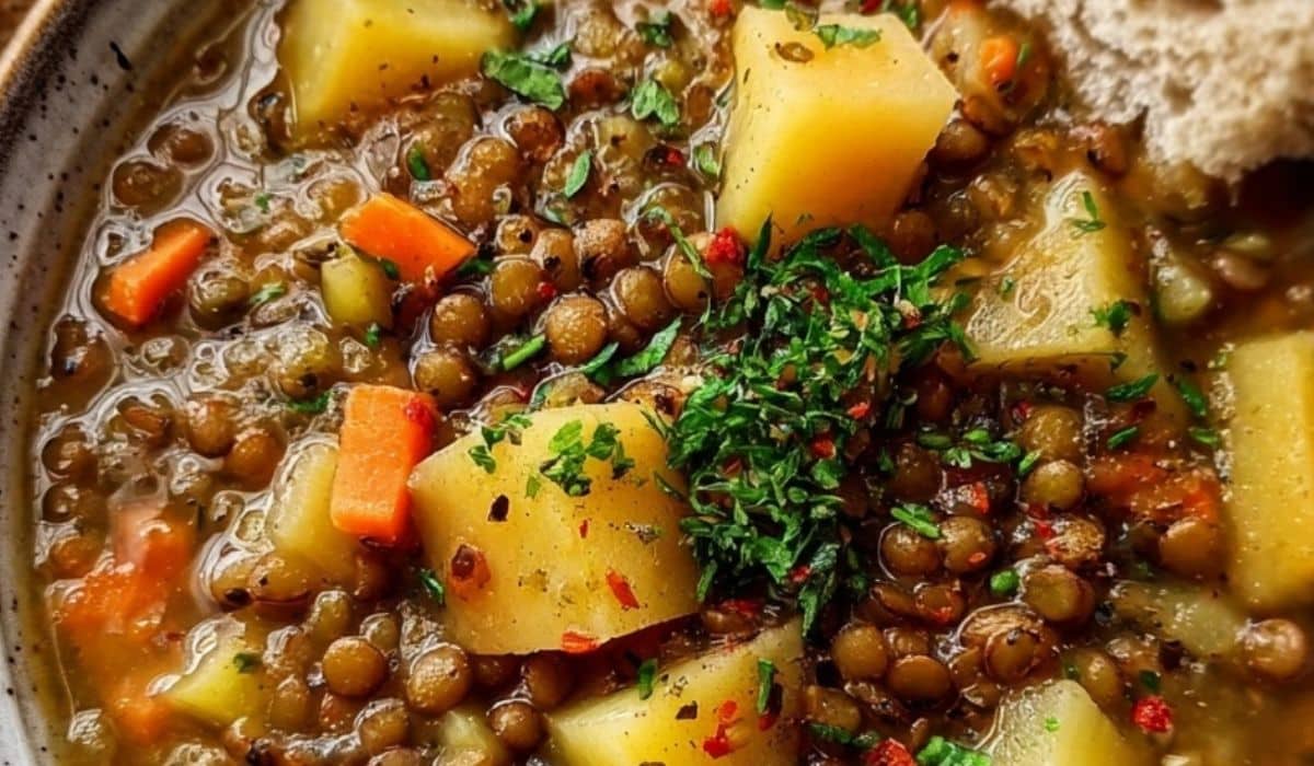 Hearty Lentil and Potato Soup in a rustic bowl with steam