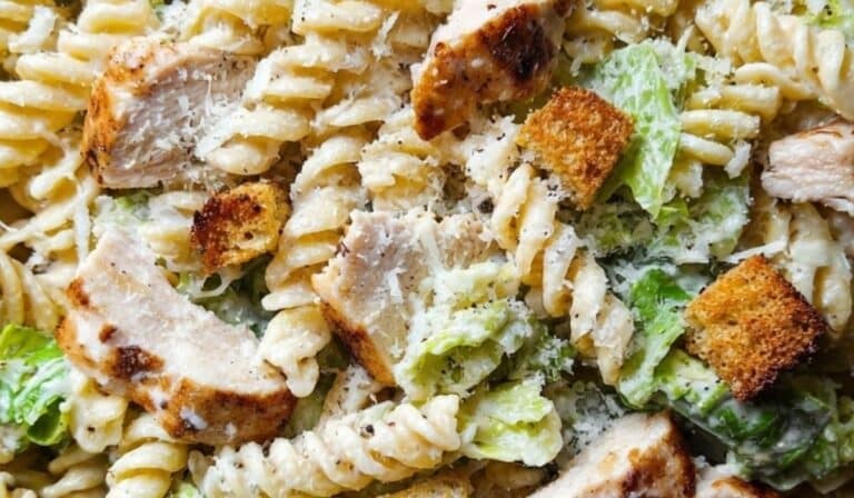 Chicken Caesar Pasta Salad in a serving bowl