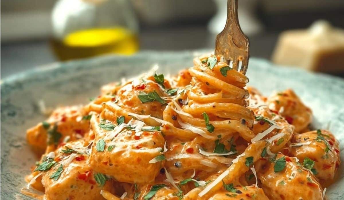 Creamy Tomato Garlic Pasta served in rustic bowl