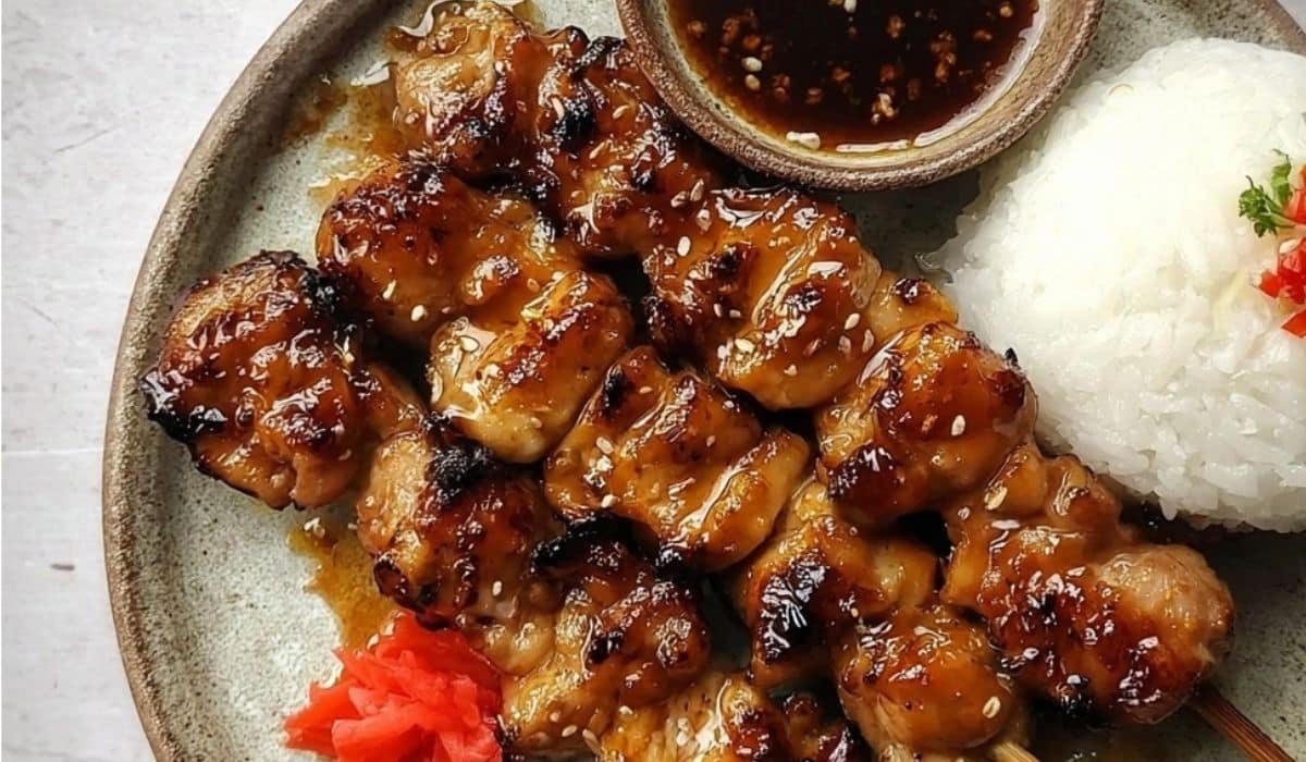 Chicken Yakitori skewers with tare glaze on black plate