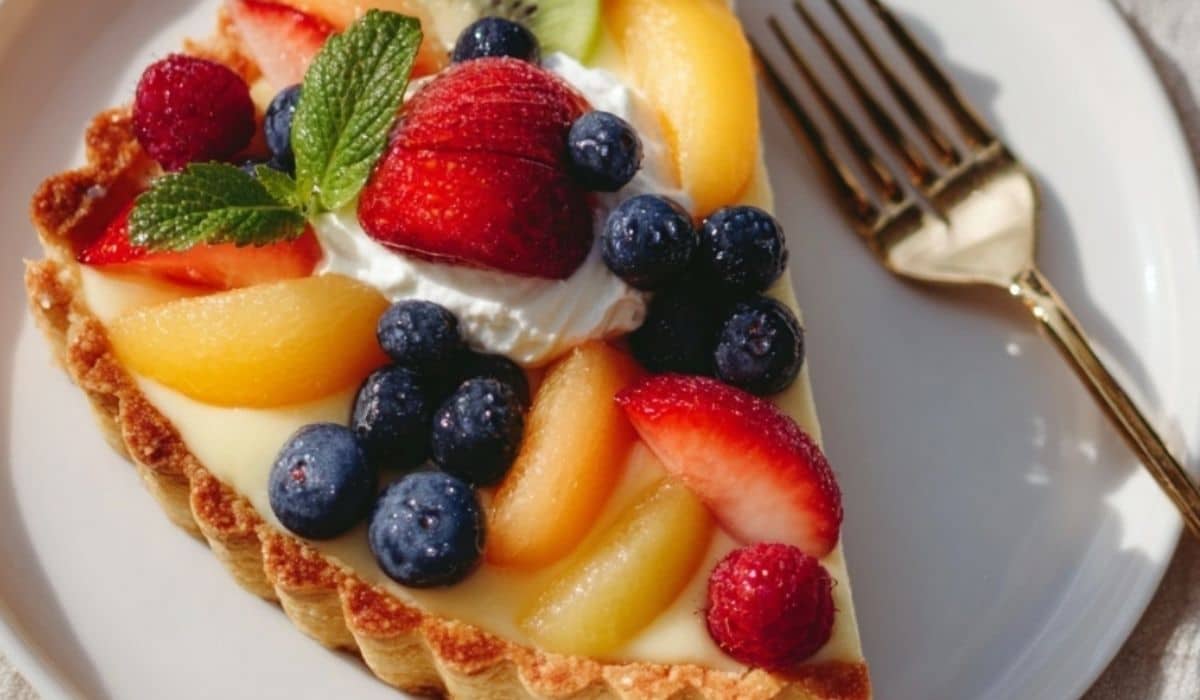 Fresh Fruit Tart with colorful fruit topping on rustic table