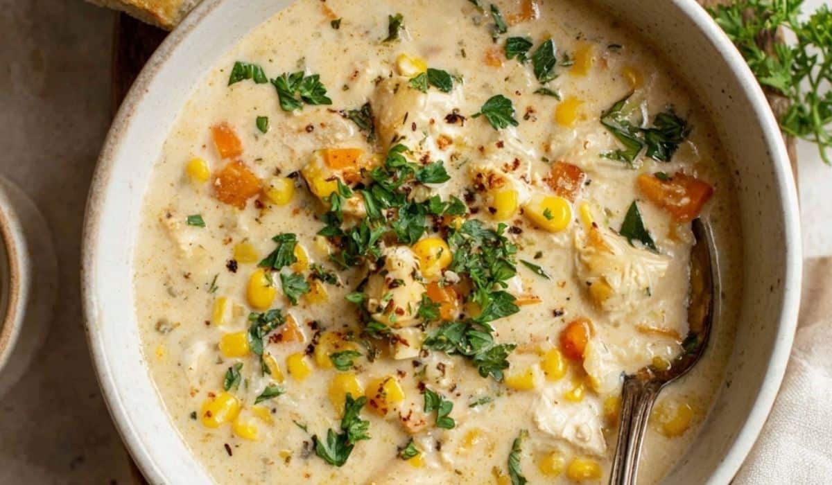 Creamy Chicken & Corn Soup in a white bowl with herbs