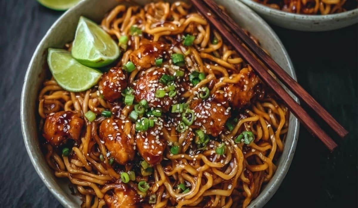 Sticky Garlic Chicken Noodles in a rustic bowl with glossy garlic sauce