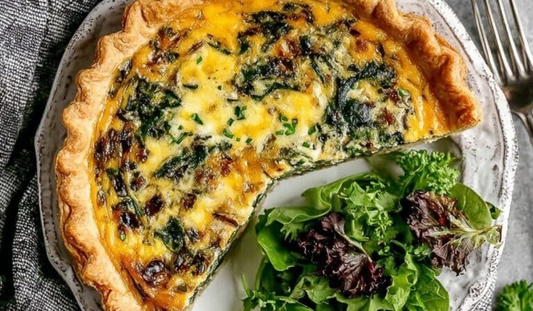 Spinach Quiche on rustic table with ingredients