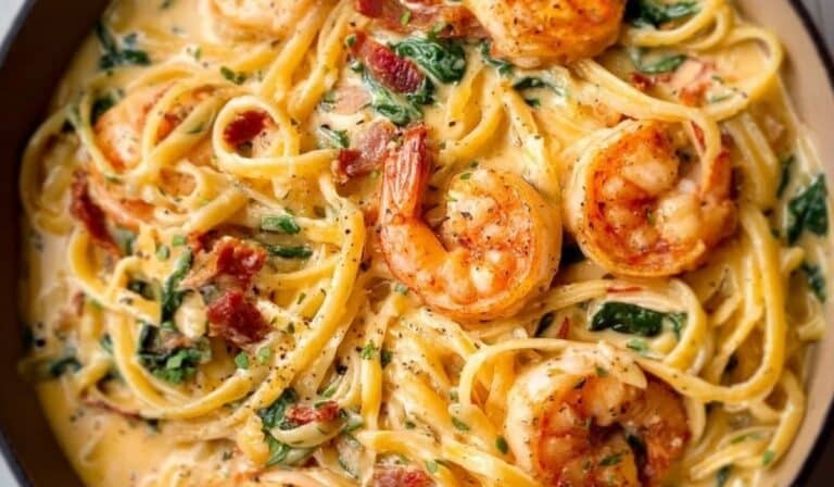 Creamy Tuscan Shrimp Linguine on a rustic wooden plate