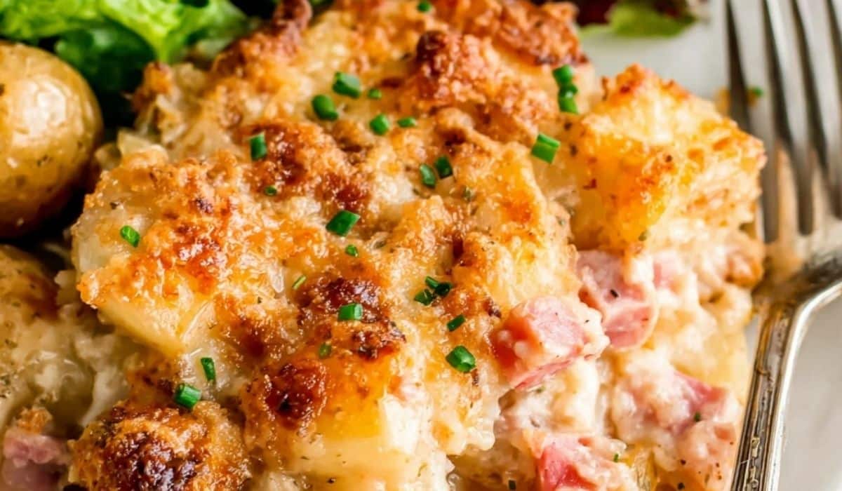 Ham & Potato Casserole fresh from oven in ceramic dish