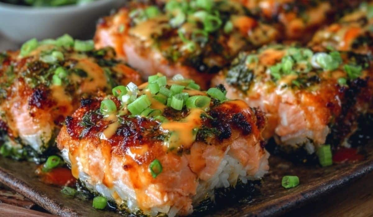Salmon Sushi Bake in white dish with toppings