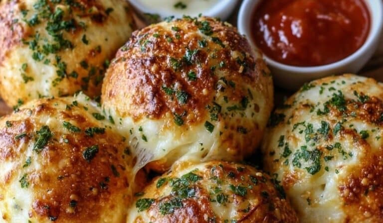 Garlic Cheese Bombs fresh from oven in rustic basket
