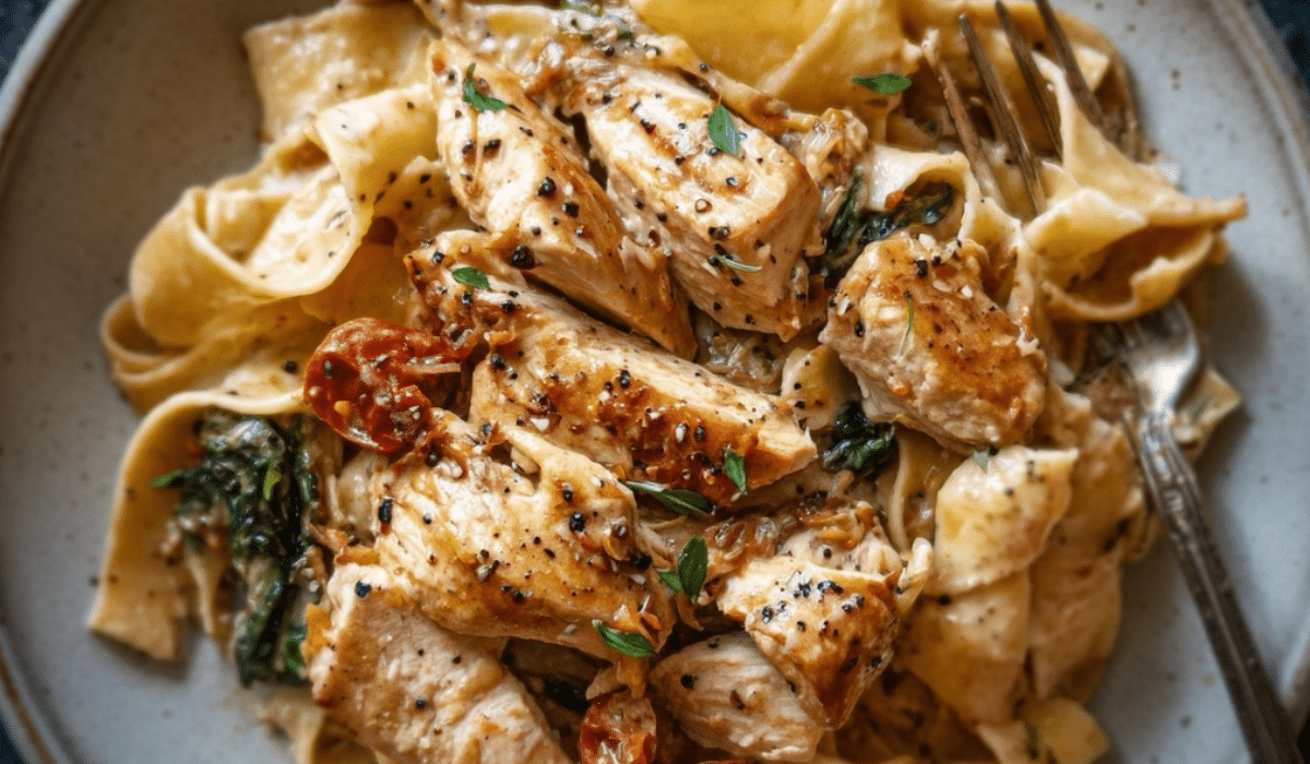Served bowl of Chicken and Pappardelle with herbs