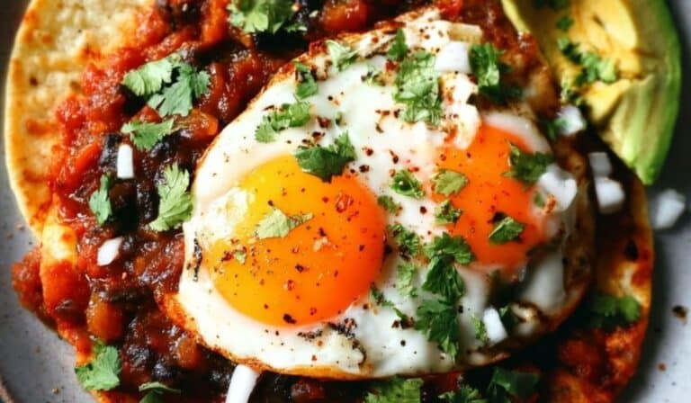 Huevos Rancheros dinner with crispy tortillas, eggs, beans, avocado, and lime on a plate