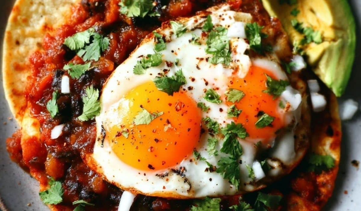 Huevos Rancheros dinner with crispy tortillas, eggs, beans, avocado, and lime on a plate