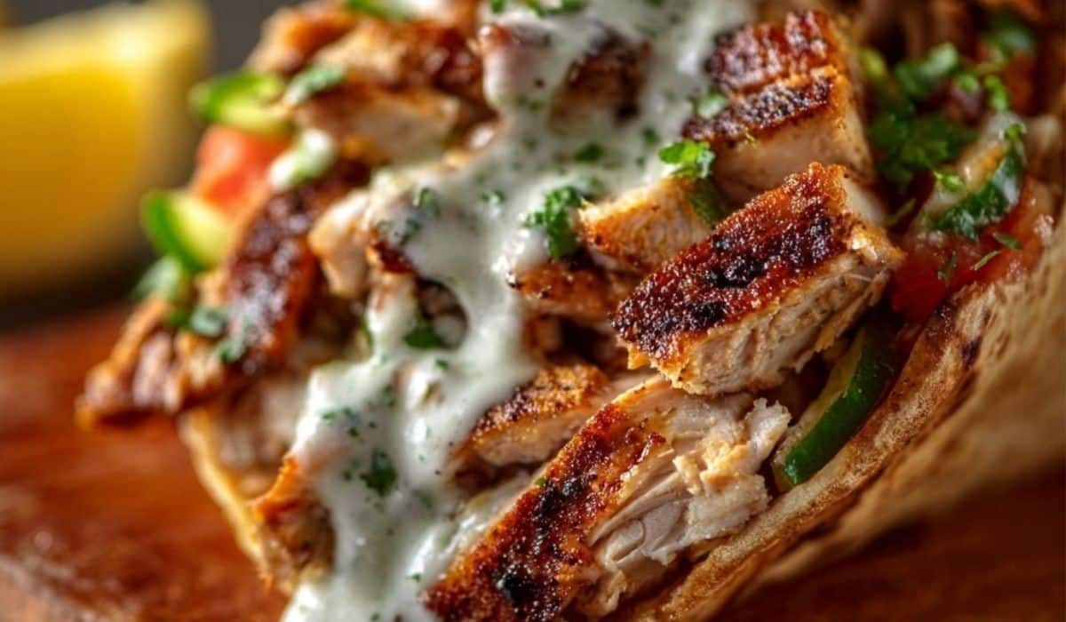 Chicken Shawarma in pita wrap with garlic sauce