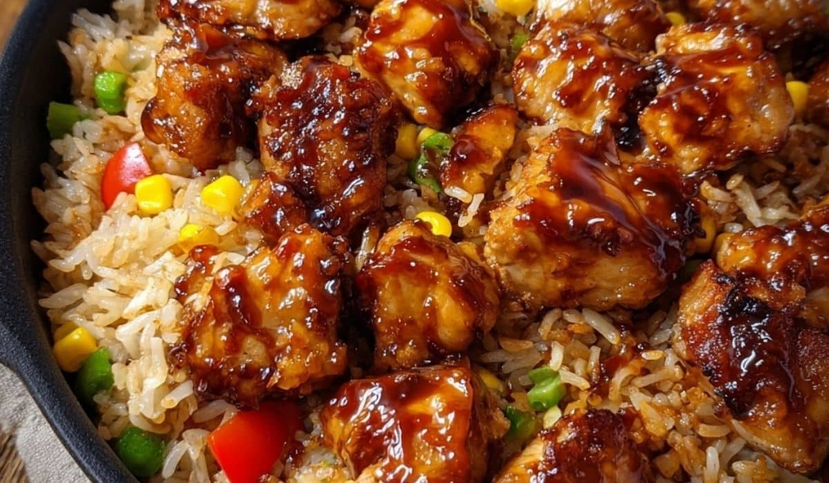 Honey BBQ Chicken Rice skillet with saucy chicken, corn, and peppers.