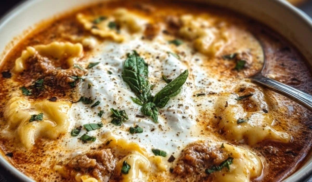 Lasagna soup in a rustic bowl with ricotta swirl and basil