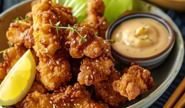 Crispy karaage piled on a plate with lemon wedges and shredded cabbage