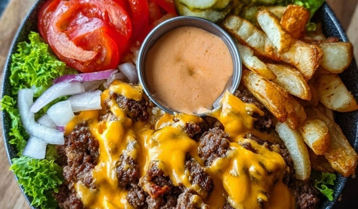 Smash Burger Bowl with crispy-edge patties, melted cheese, fresh toppings, and special sauce
