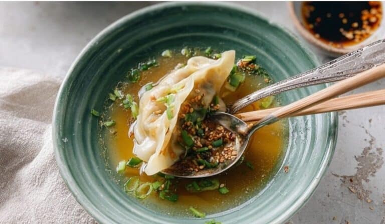 Cabbage and pork dumpling soup with wrapper noodles, Napa cabbage, scallions, and chili crisp