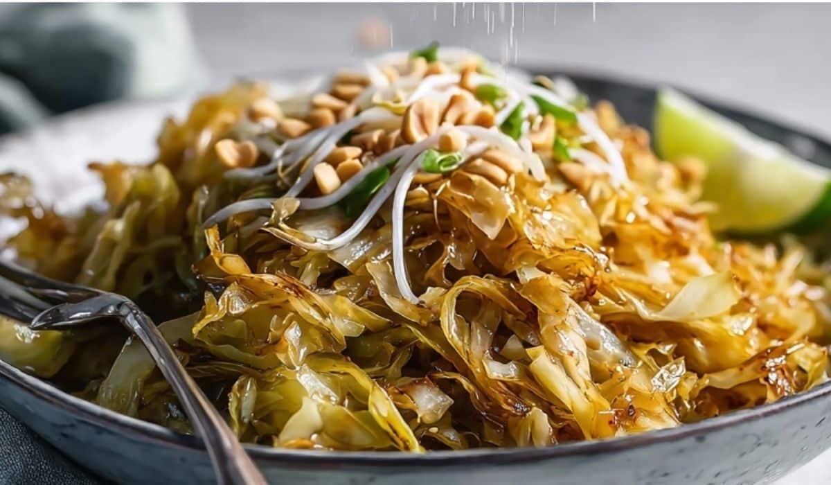 Cabbage pad thai noodle substitute in a bowl with peanuts and lime