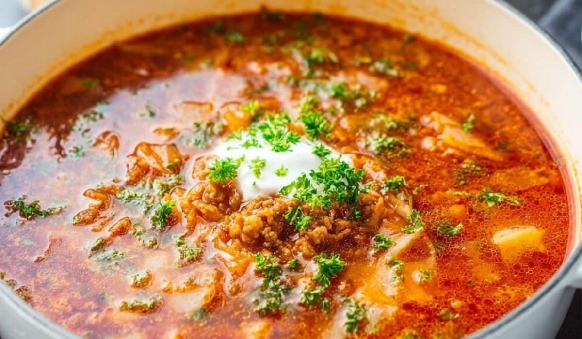 Classic golumpki soup with ground beef in a cozy bowl with cabbage and riceCabbage roll comfort in one cozy bowl.