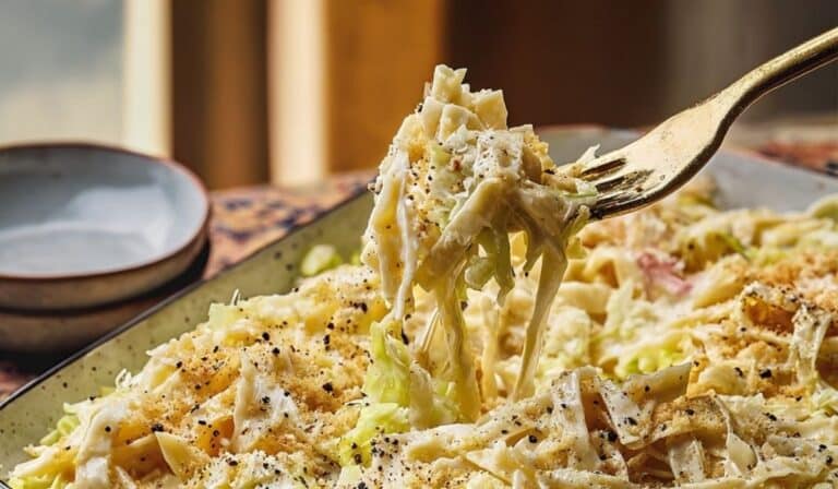 Creamy cabbage alfredo with parmesan in a bowl with extra parmesan and black pepper