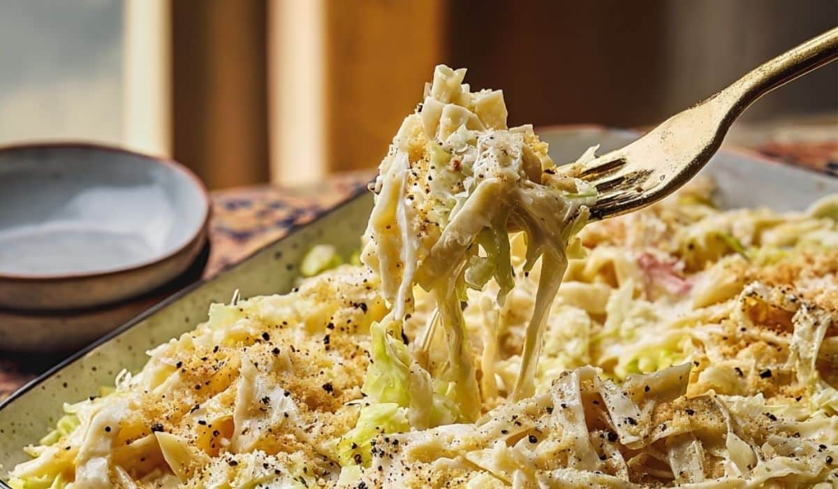 Creamy cabbage alfredo with parmesan in a bowl with extra parmesan and black pepper