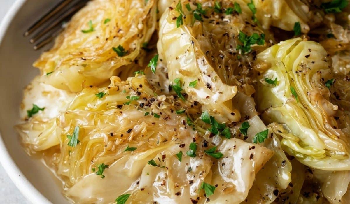 Butter-braised cabbage with garlic cream in a skillet, glossy and peppered