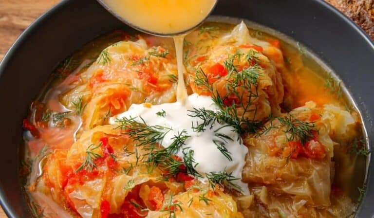 One-pot lazy cabbage rolls in a Dutch oven with tomato sauce, cabbage, rice, and fresh dill