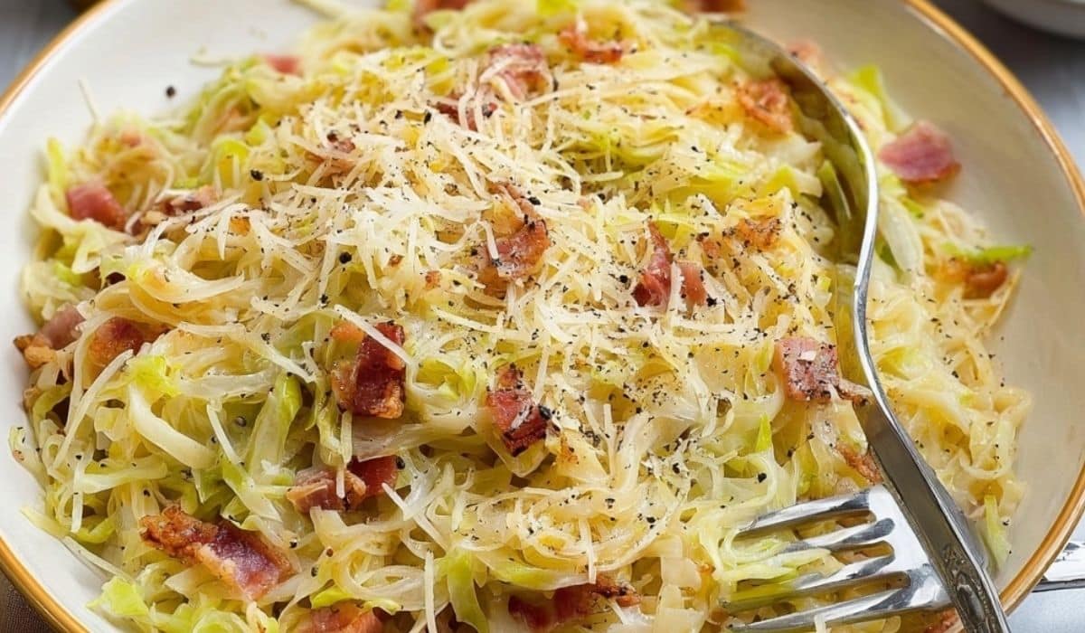 Low-carb cabbage carbonara in skillet with silky egg Parmesan sauce and bacon